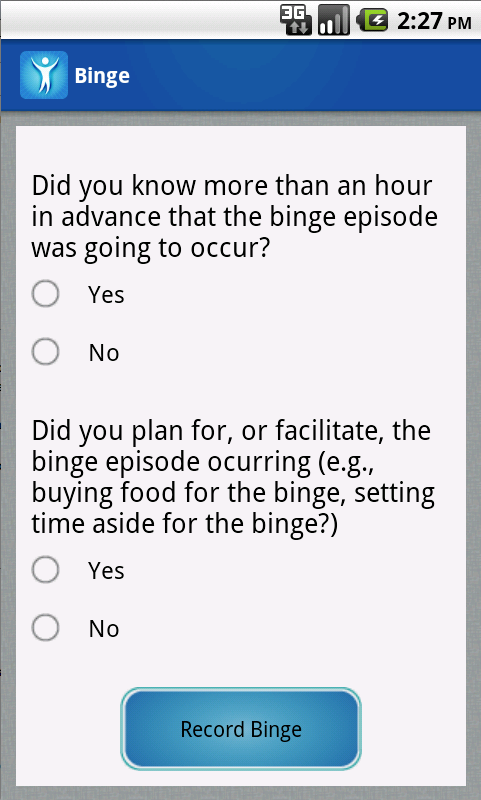 TakeControl app binge eating episode entry screen